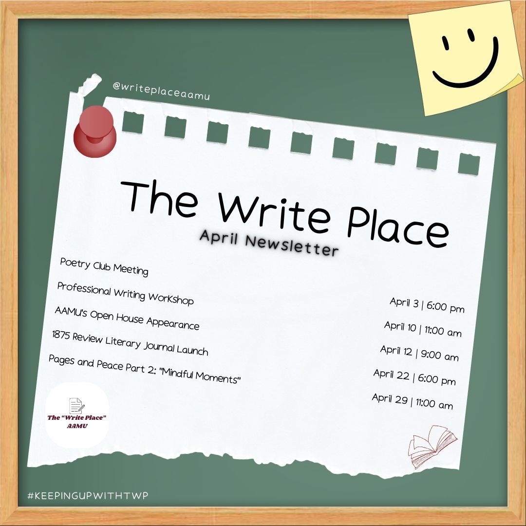 Bulletin of events happening at The Write Place in April