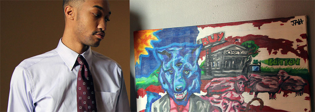 A CEHBS student looks at a painting in a gallery depicting a three-eyed wolf-man against a U.S. flag-like background