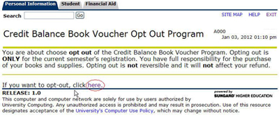 Screenshot of Credit Balance Book Voucher Opt-out Program screen within Banner Self Service